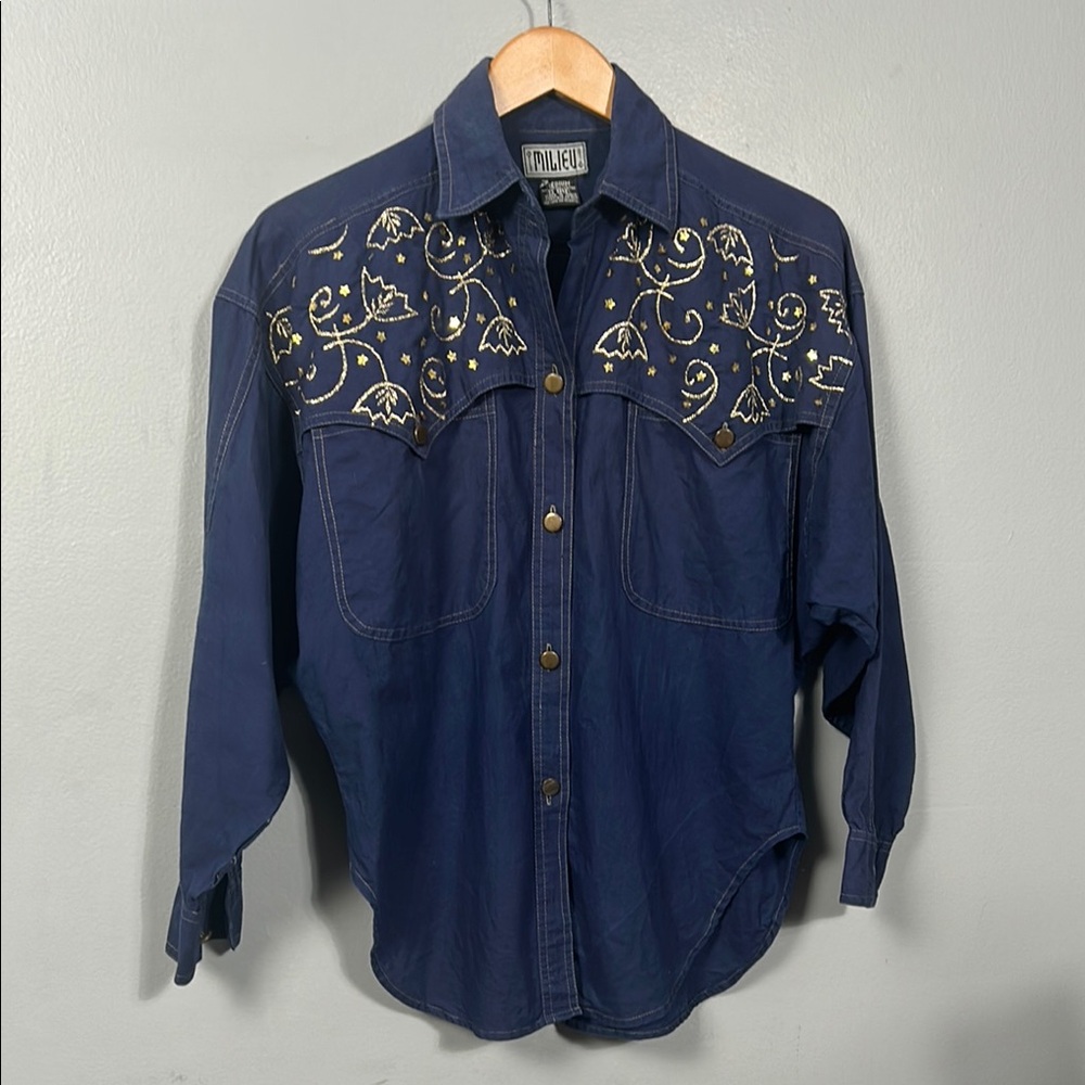 Vintage Milieu Cotton Navy Western Rodeo Shirt with gold embroidery size M